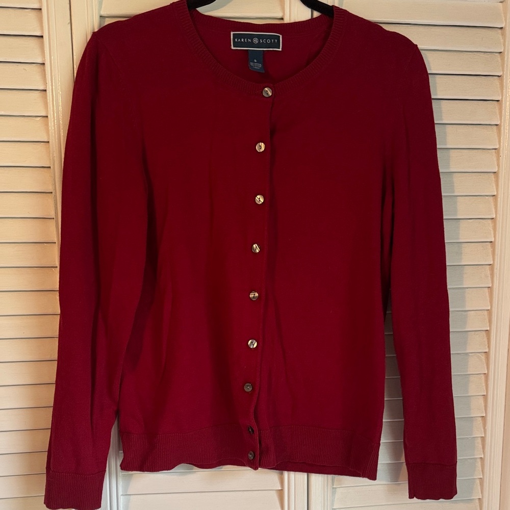 Karen Scott Deep Wine Button-Front Cardigan